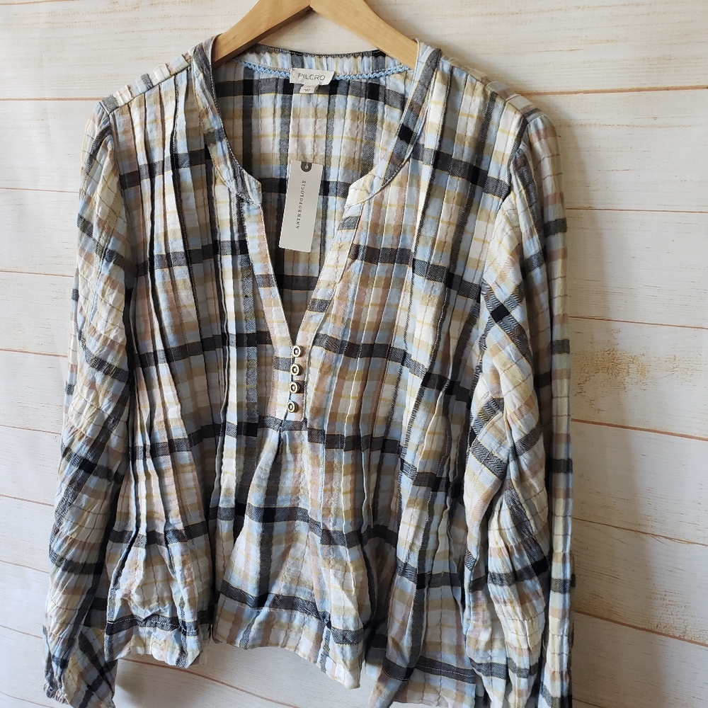 Pilcro Long Sleeve Pleated Plaid Relaxed Swing Blouse Size XL Cotton Elastane - Picture 6 of 15